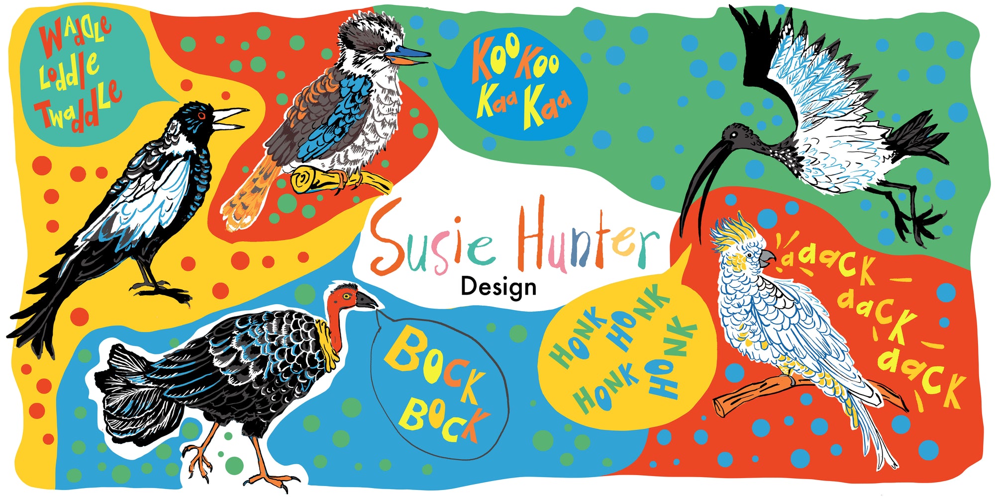 A colorful illustrated design featuring several birds on a wavy multicolor background with the text 'Susie Hunter Design' in the center and playful bird sound labels around the artwork.